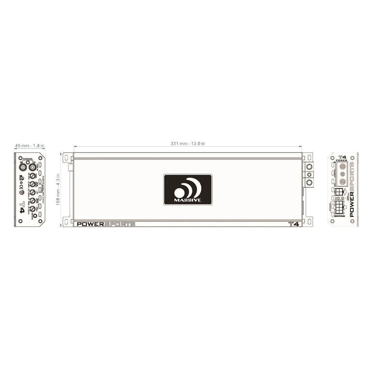 Massive T4 dimension drawing: 331 by 108 mm body and 45 mm height, with both end-panel layouts