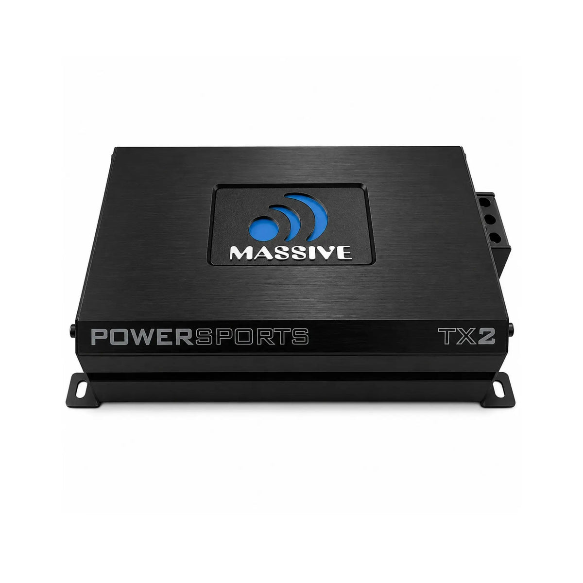 Top-front view of a black Massive Audio TX2 amplifier with Powersports lettering and an illuminated logo