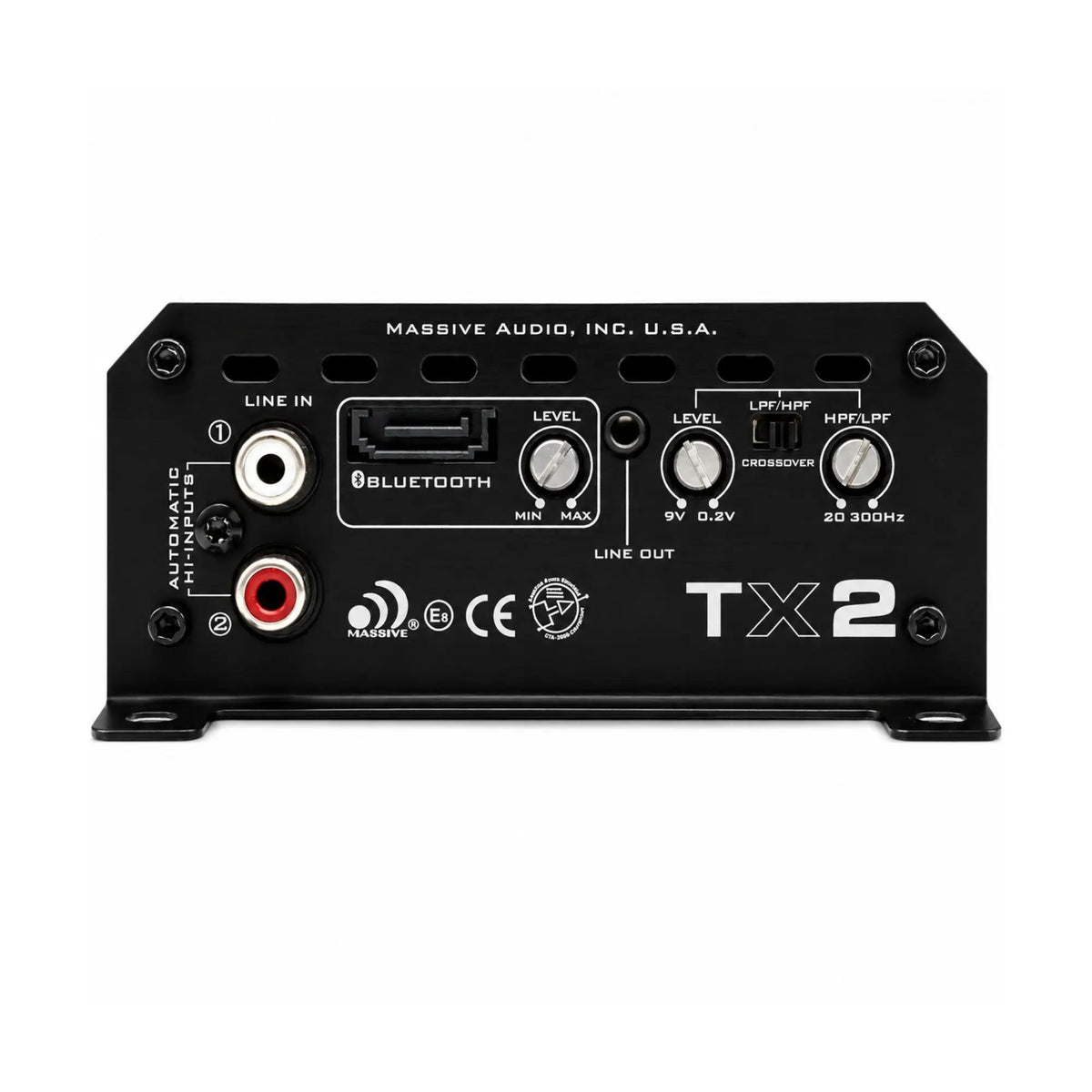 Massive TX2 input panel with RCA inputs and outputs, Bluetooth connector, level and filter controls