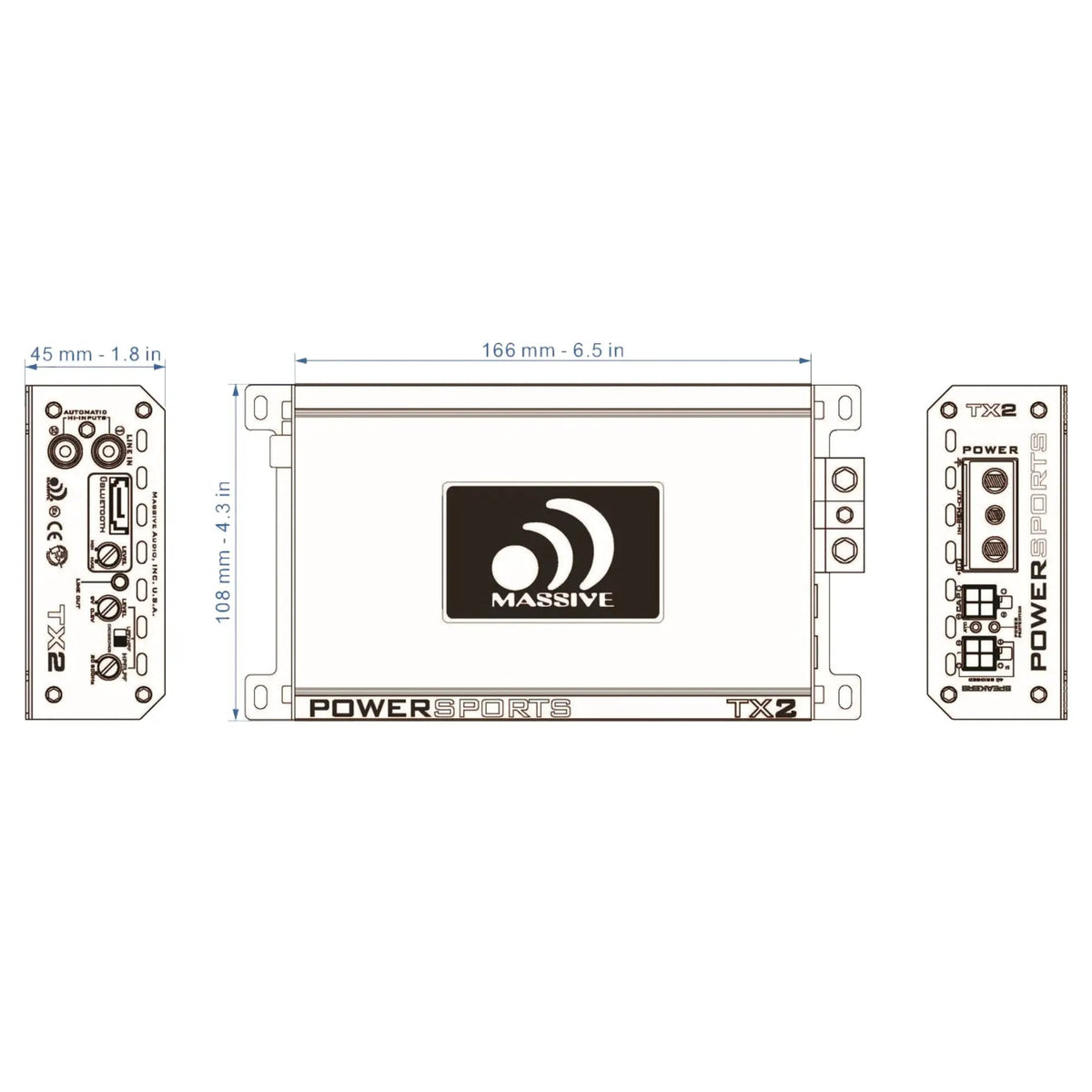 Massive Audio TX2 dimension drawing with top and end views, measuring 166 by 108 by 45 mm