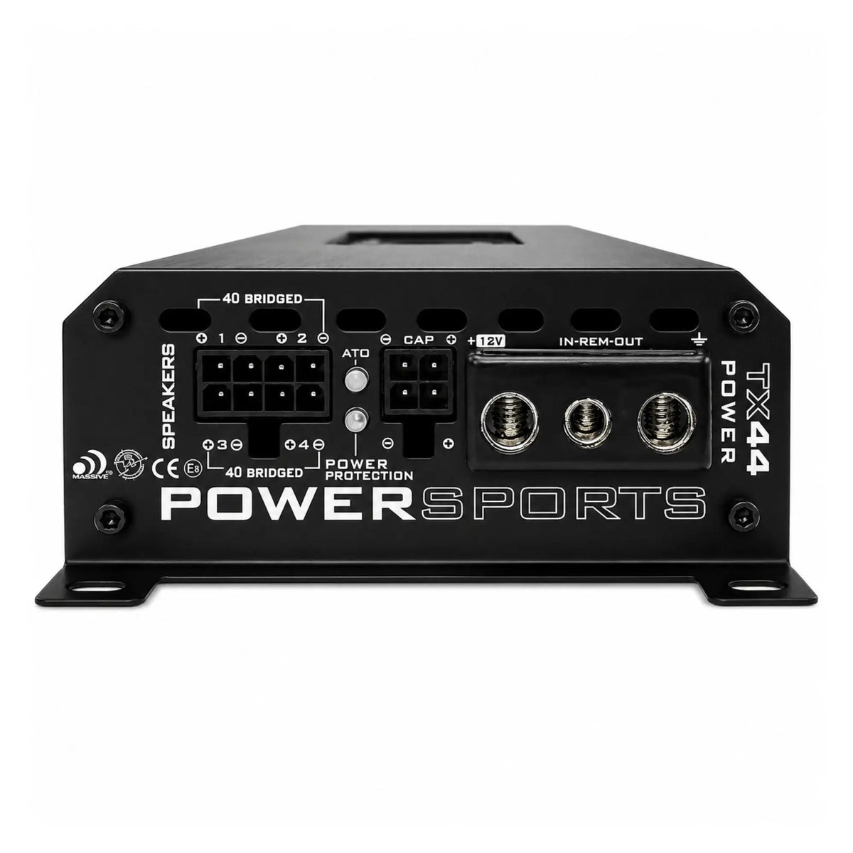 Massive TX44 amplifier end panel with four-channel speaker terminals, power inputs and bridging labels