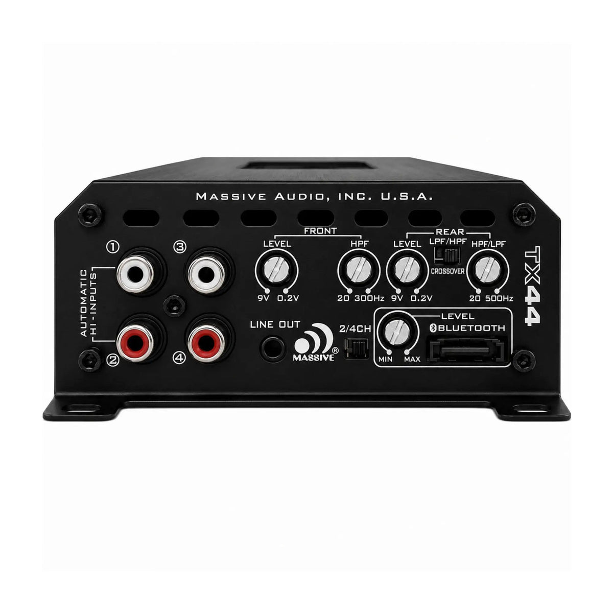 Massive TX44 input panel with four RCA sockets, front and rear level/filter controls, and Bluetooth connector