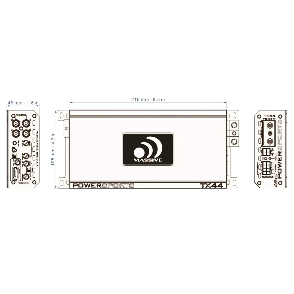 Massive Audio TX44 dimension drawing showing a 216 by 108 by 45 mm amplifier chassis
