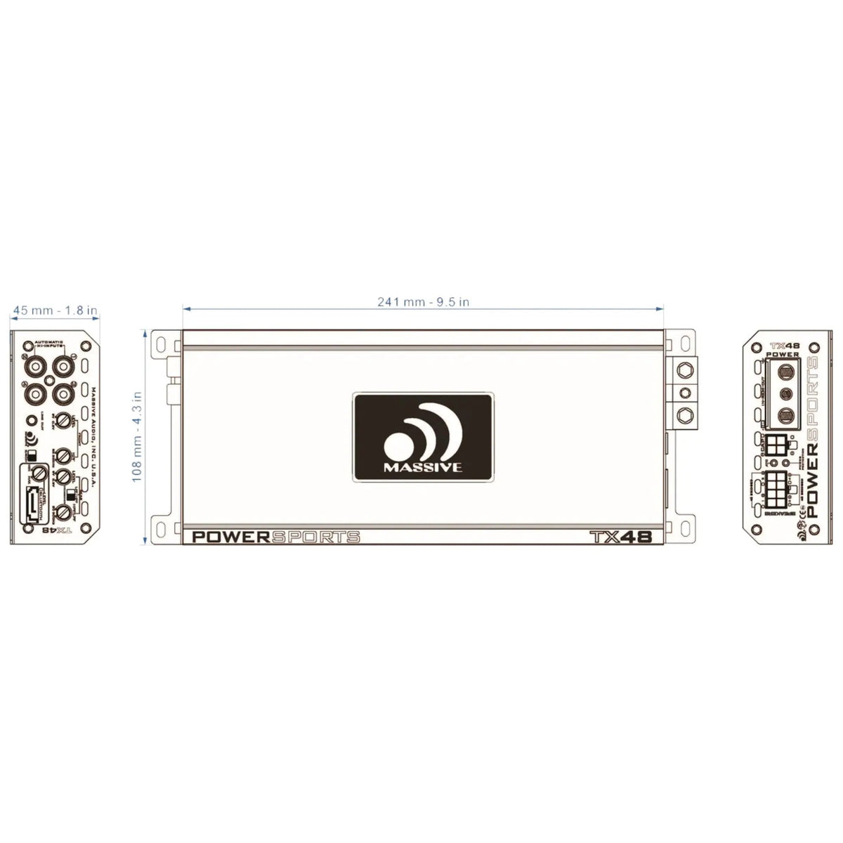 Massive Audio TX48 dimension drawing showing a 241 by 108 by 45 mm amplifier chassis