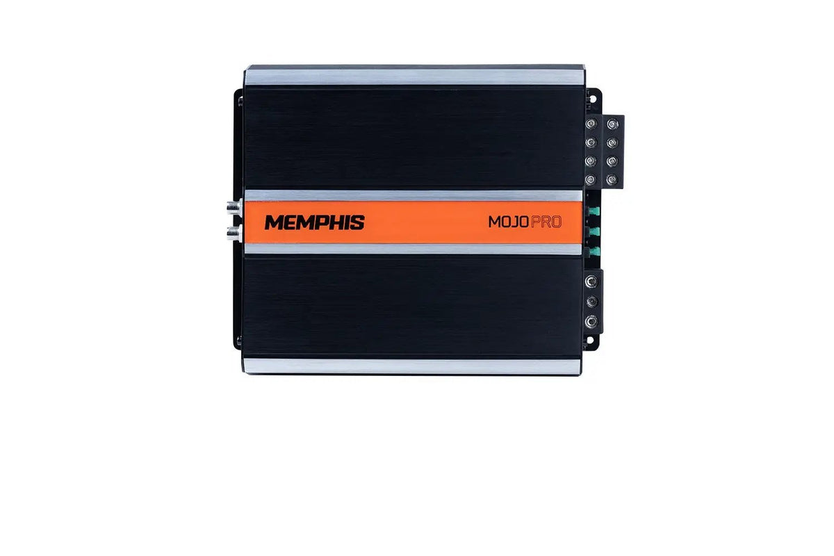 Top of a Memphis MOJO Pro amplifier with an orange center stripe and silver edges