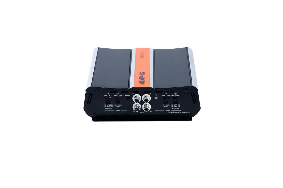 Memphis amplifier with an orange center stripe, four RCA sockets and gain and crossover controls