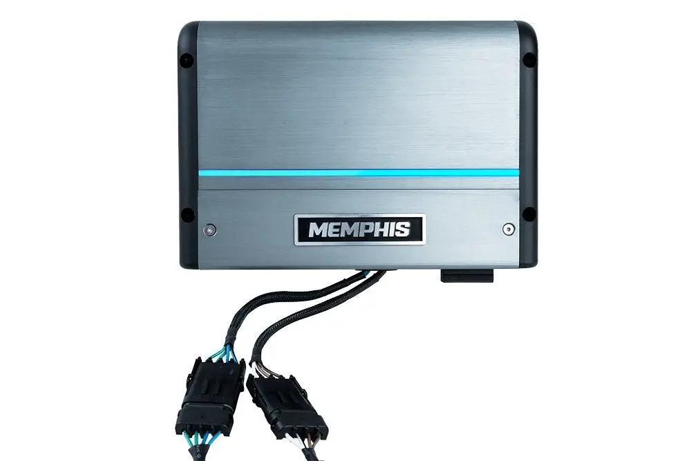 Silver Memphis amplifier with a blue accent strip and two wiring harnesses