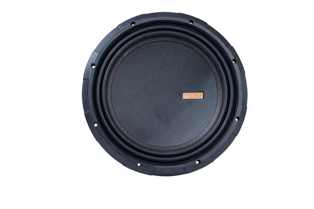 Front of a Memphis MOJO subwoofer with a black woven cone, wide surround and orange badge