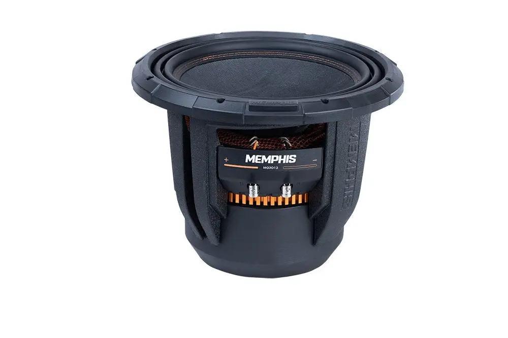 Memphis MOJO1212 subwoofer showing its deep black basket, exposed coil and front terminals