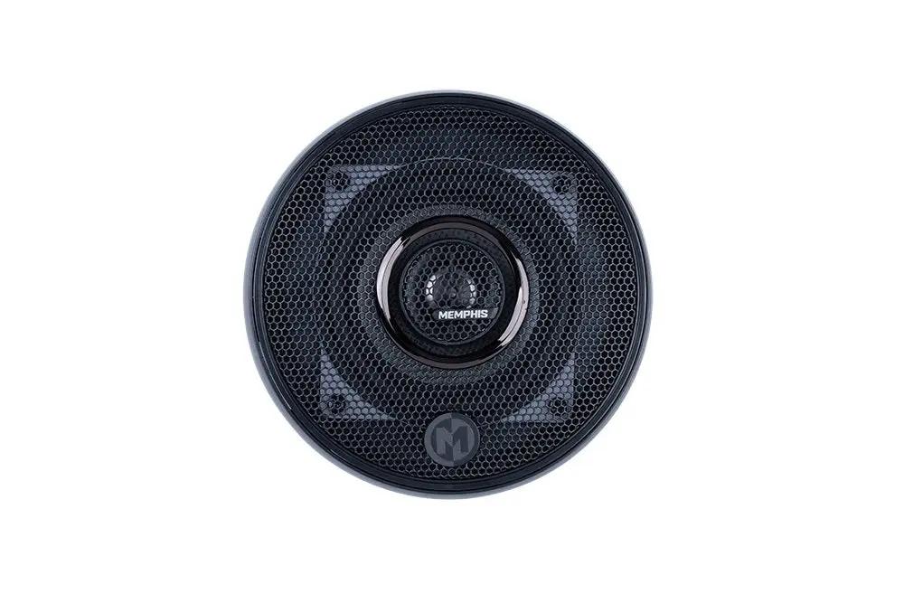 Round black mesh speaker grille with a central Memphis logo