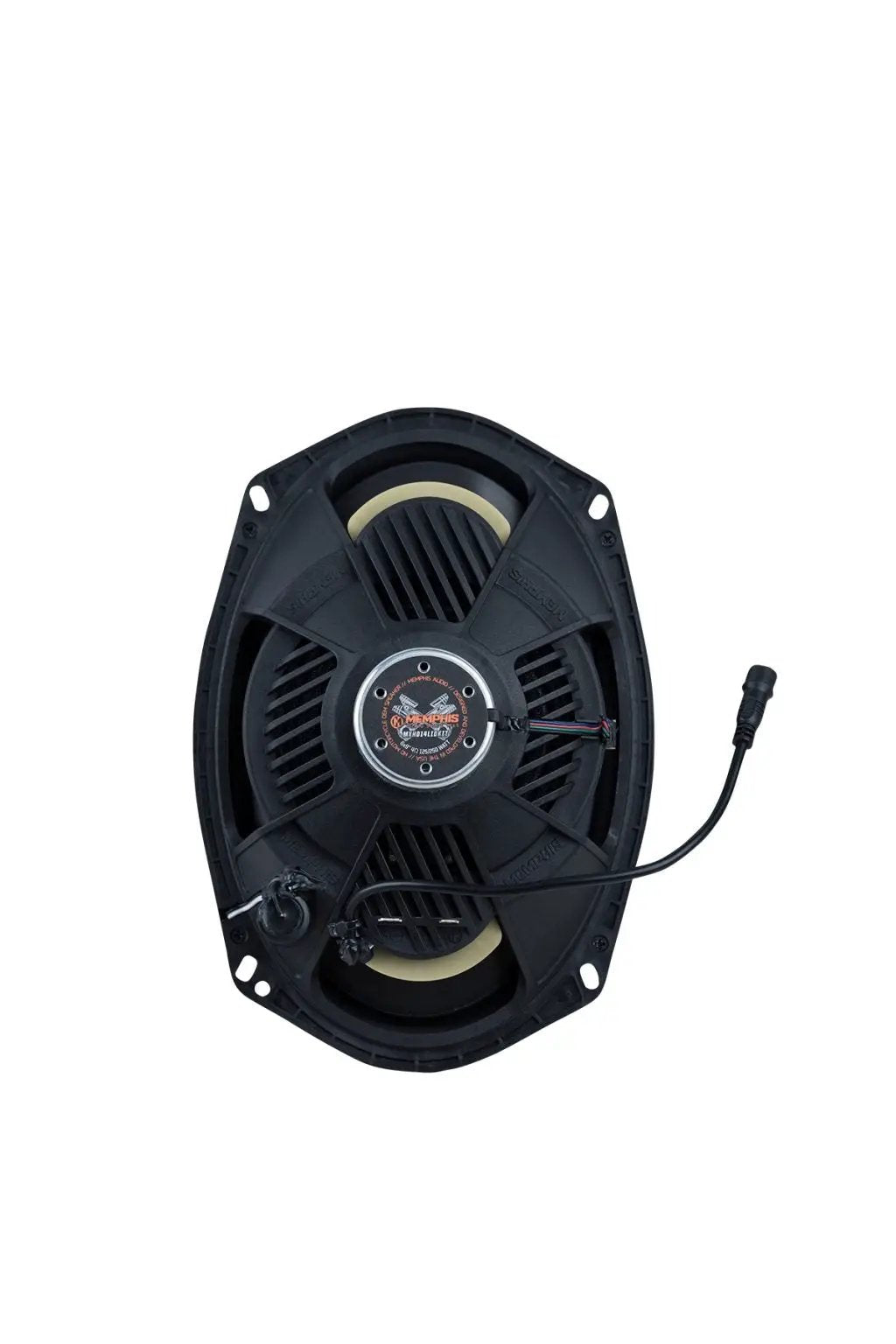 Memphis oval speaker underside showing its branded magnet, basket and short wiring lead