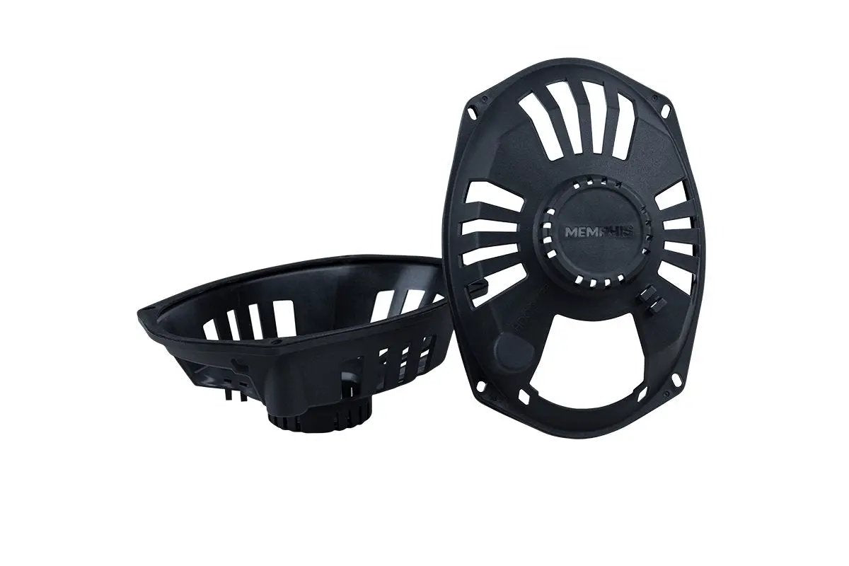 Two black oval speaker baskets with radial openings and center mounting plates