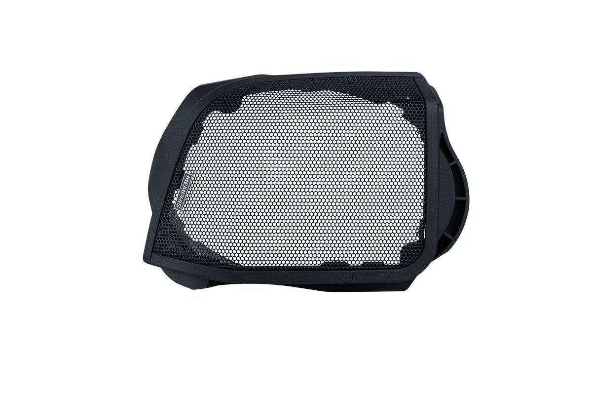Angled view of a black rectangular saddlebag speaker grille
