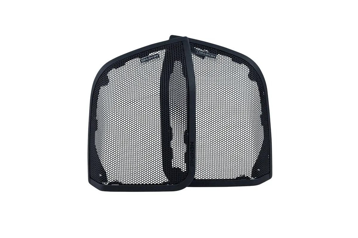 Two black rectangular mesh saddlebag speaker grilles