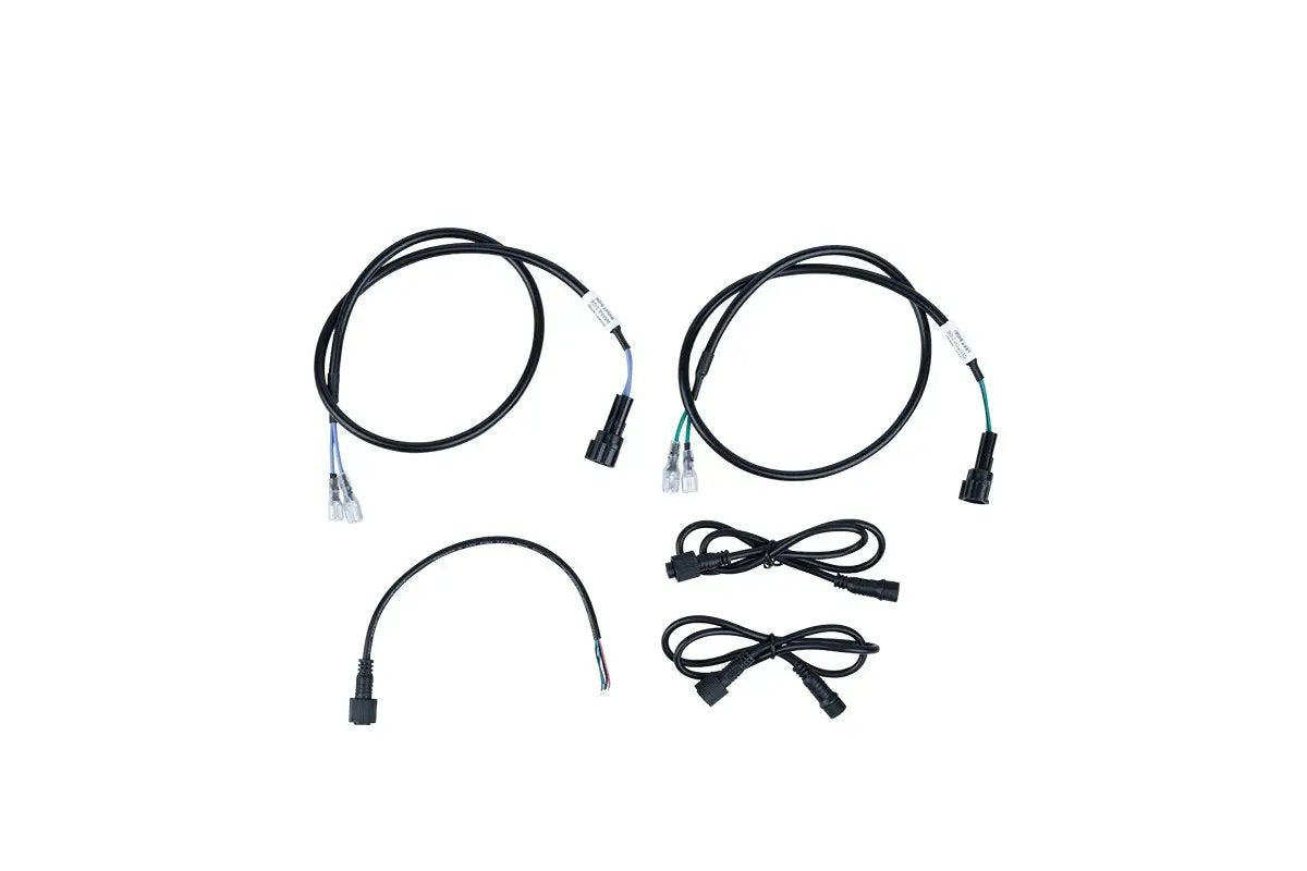 Speaker-kit wiring layout with two long harnesses, a short lead and two extension cables