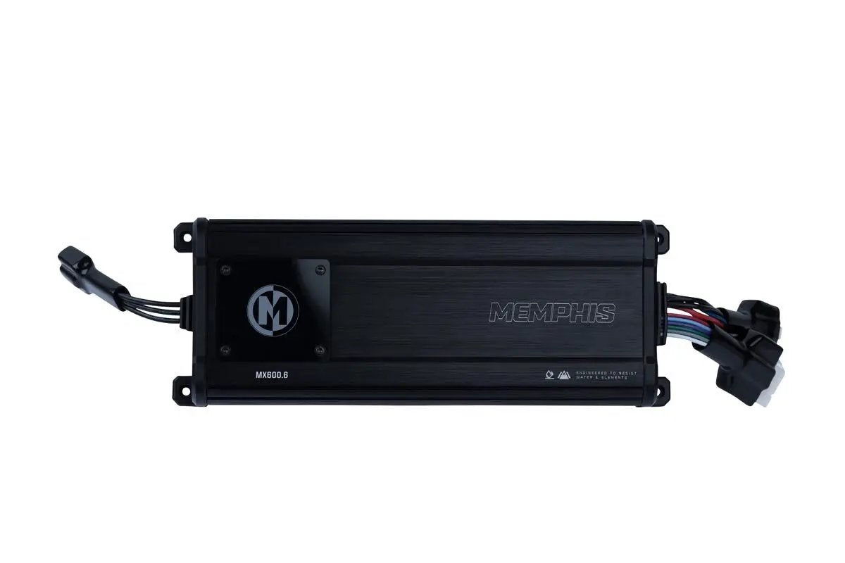 Top of the Memphis MX600.6 amplifier with its model marking and molded end covers