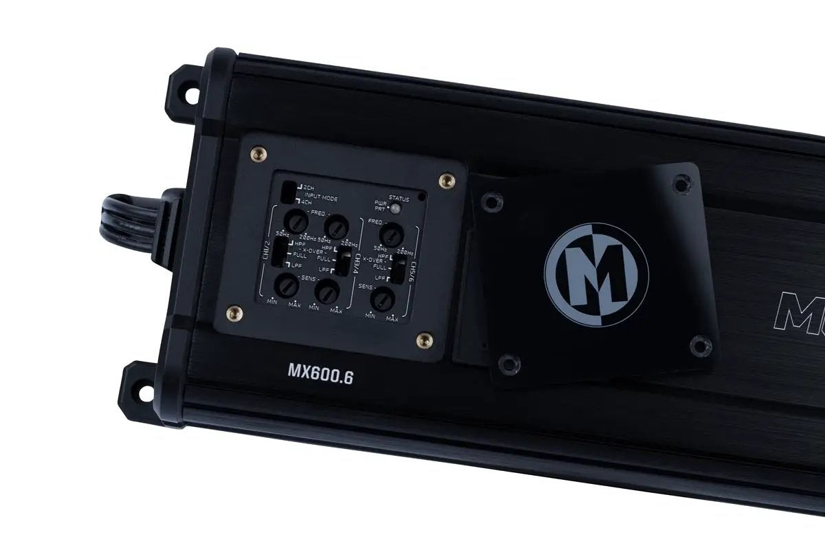 Memphis amplifier control-panel close-up showing the MX600.6 label, gain adjustments and crossover switches
