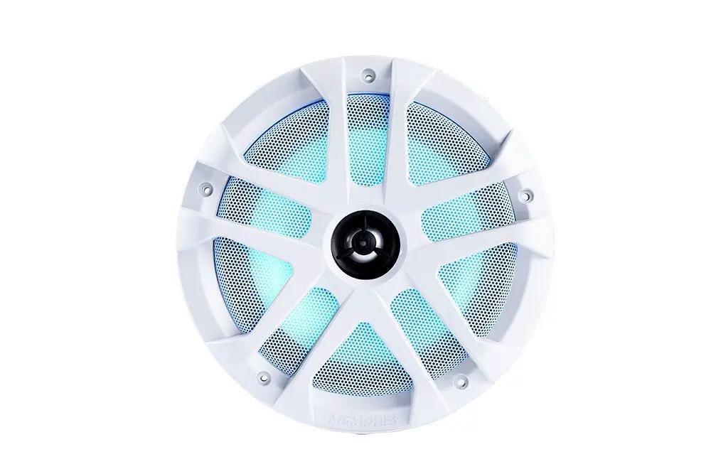 Memphis marine speaker with a white spoke-and-mesh grille and cyan illumination