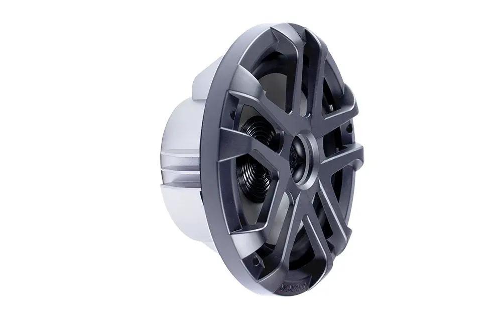 Angled Memphis speaker with a gunmetal eight-spoke grille and silver rear housing