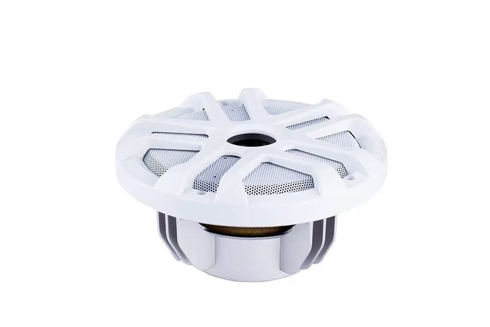 White marine speaker with a spoke grille, angled view