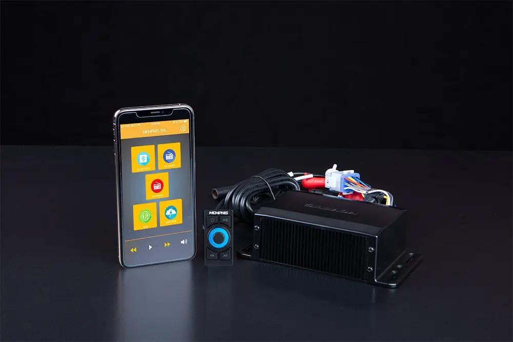 Memphis receiver module, wiring and blue-ring control knob beside a phone app reference screen