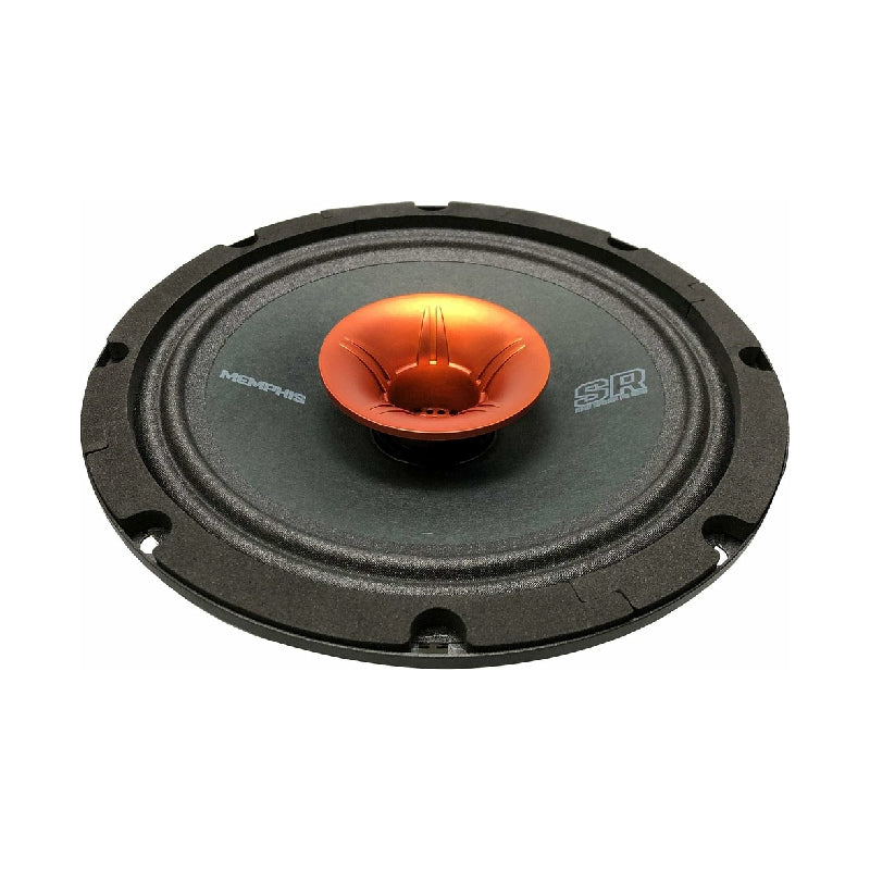 Angled Memphis speaker with a black cone and orange flared central tweeter