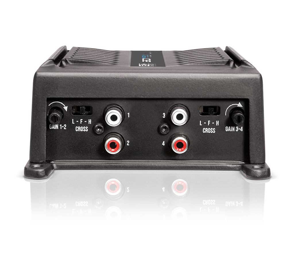 Banda BD 400.4 2-ohm amplifier, input and controls panel