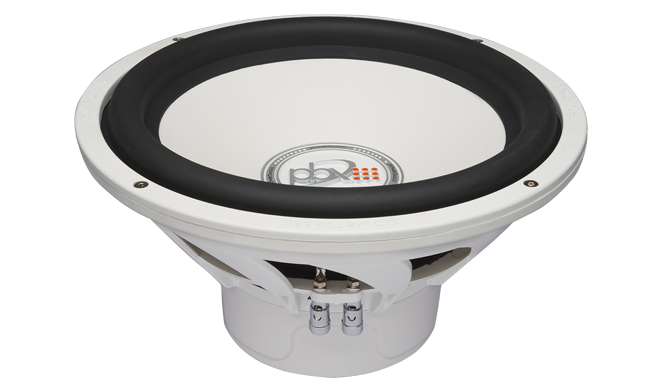 PowerBass XL-1240MF white 12-inch marine subwoofer, angled top and side view without grille