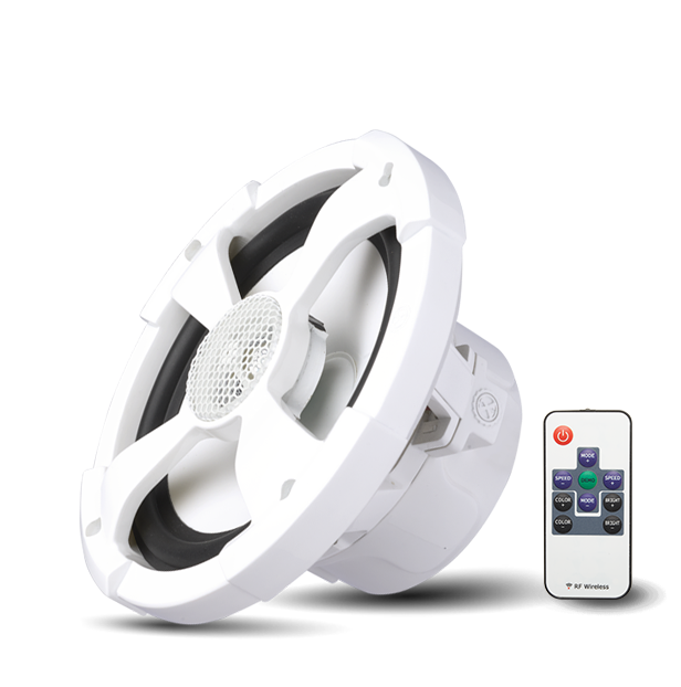 PowerBass XL-62M white 6.5-inch marine coaxial speaker angled upright beside RGB lighting remote