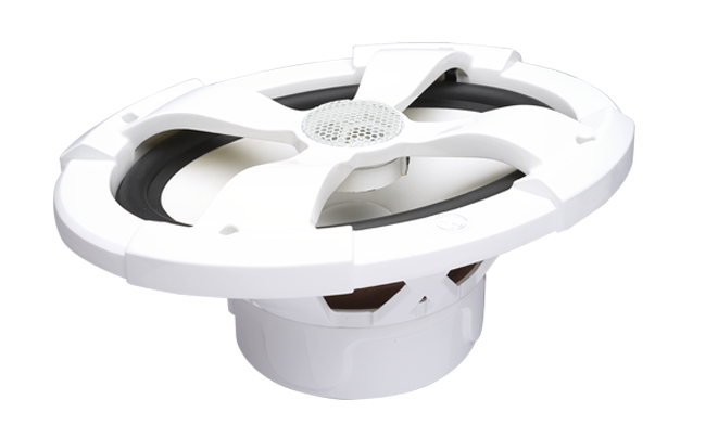 PowerBass XL-69M white 6x9-inch marine coaxial speaker, angled top and side view