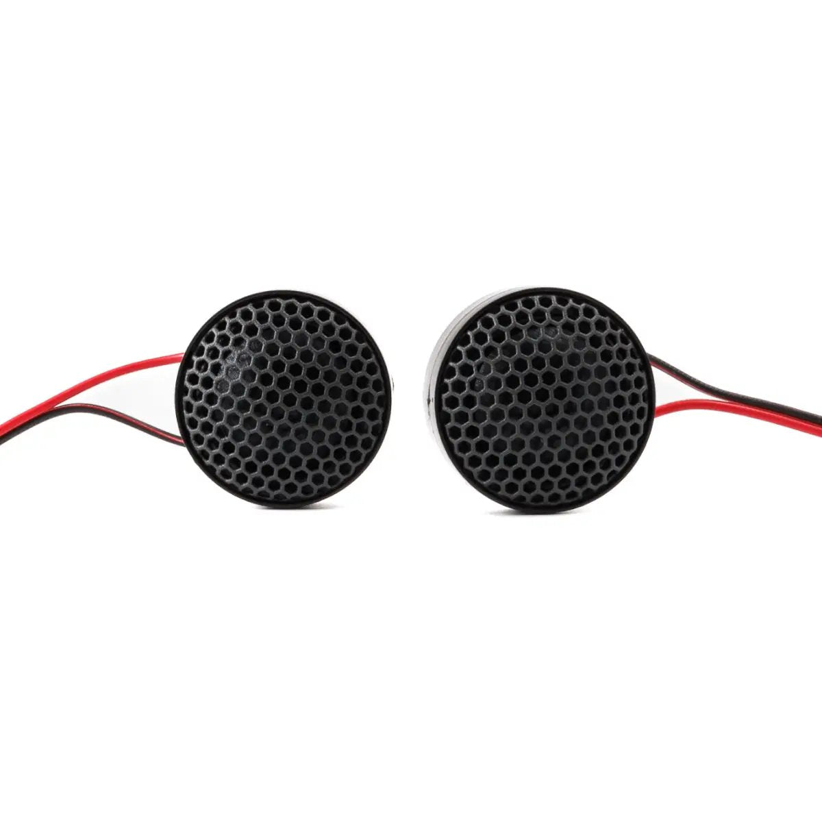 Pride dome tweeter pair, front view of the round black honeycomb grilles