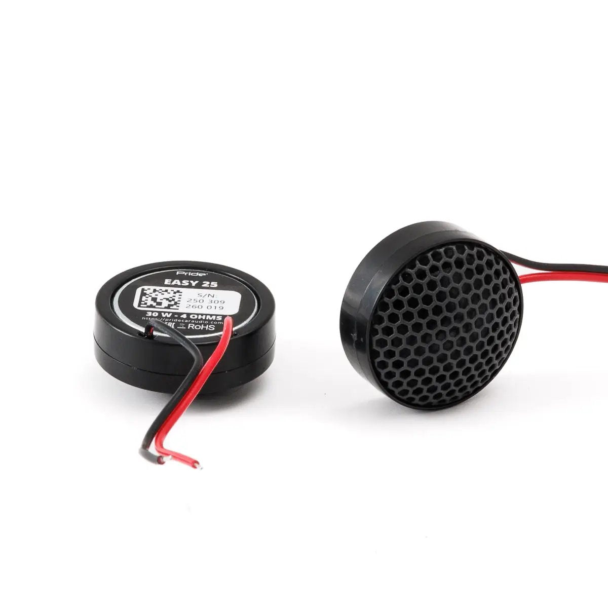 Pride Easy 25 tweeters shown from the front and rear with mesh grille and wiring visible