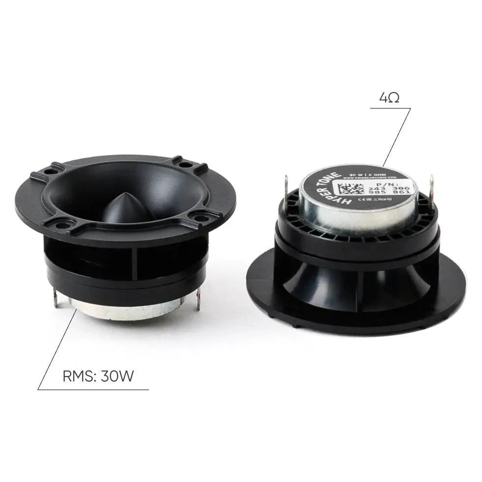 Pride horn tweeters shown from front and rear with graphic callouts for 4 ohms and 30 W RMS