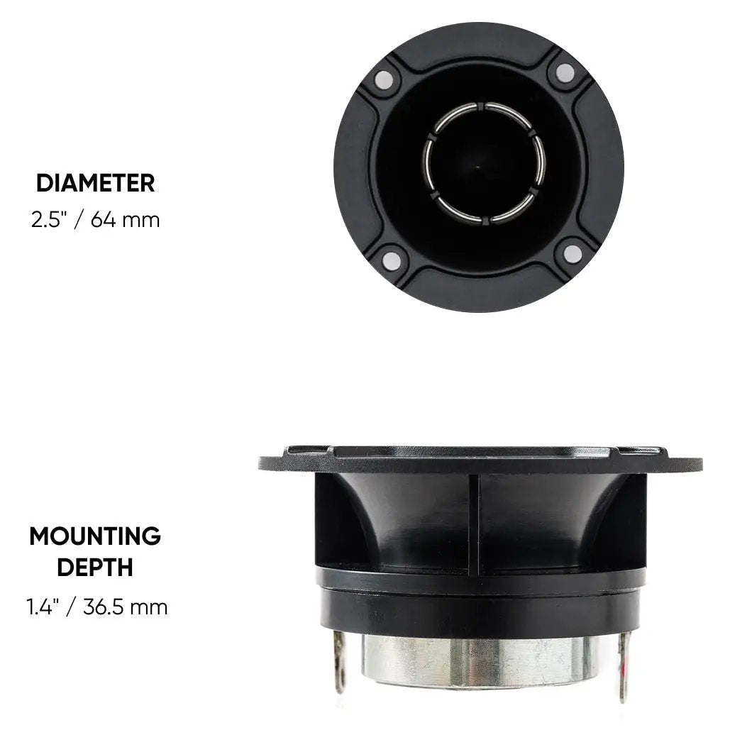Pride horn tweeter dimension graphic showing a 2.5-inch diameter and 1.4-inch mounting depth