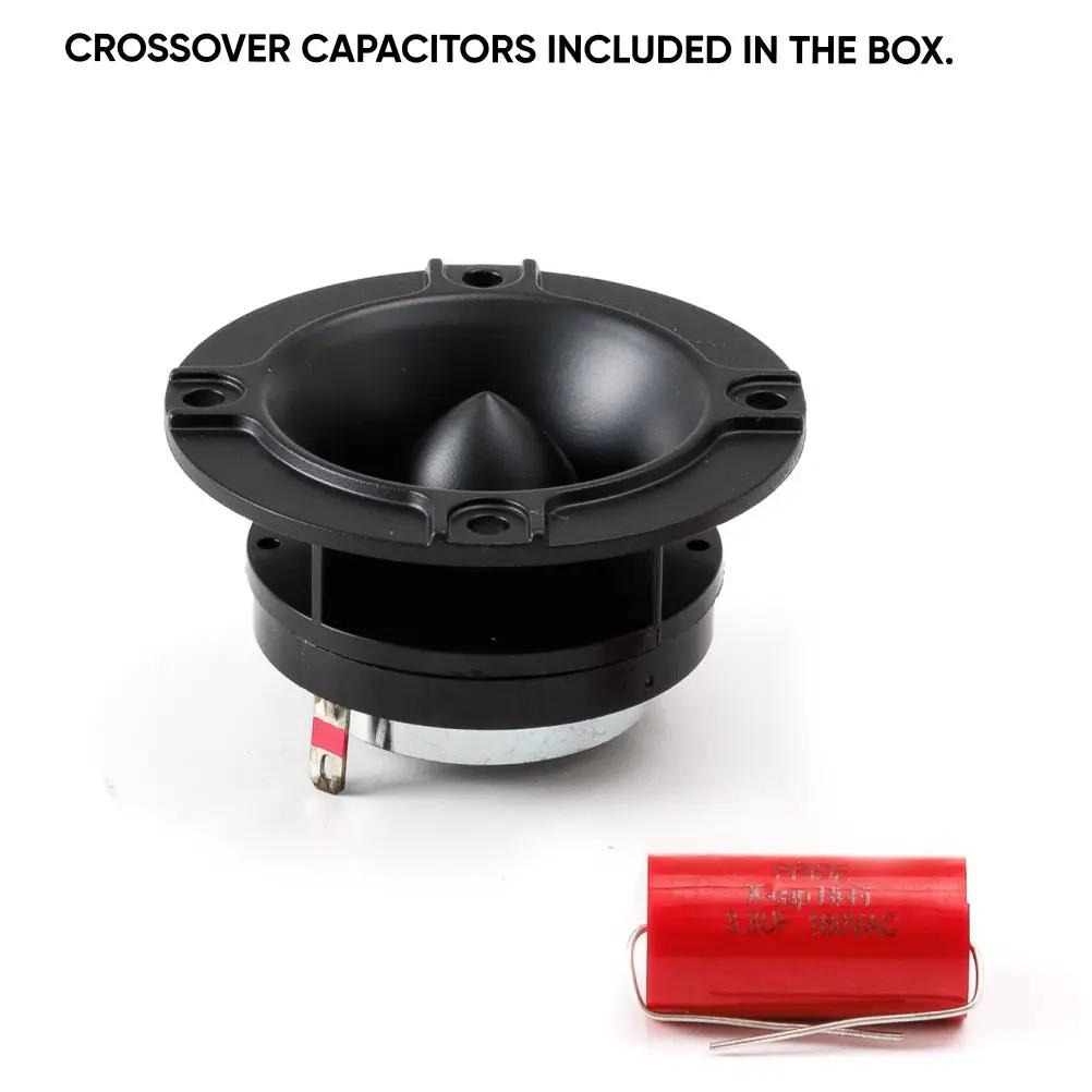 Pride Hyper Tone tweeter beside a red capacitor, with text stating crossover capacitors are included