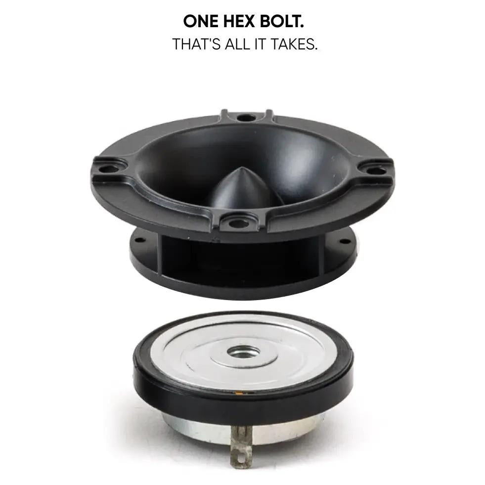 Pride horn tweeter exploded view highlighting single-hex-bolt disassembly