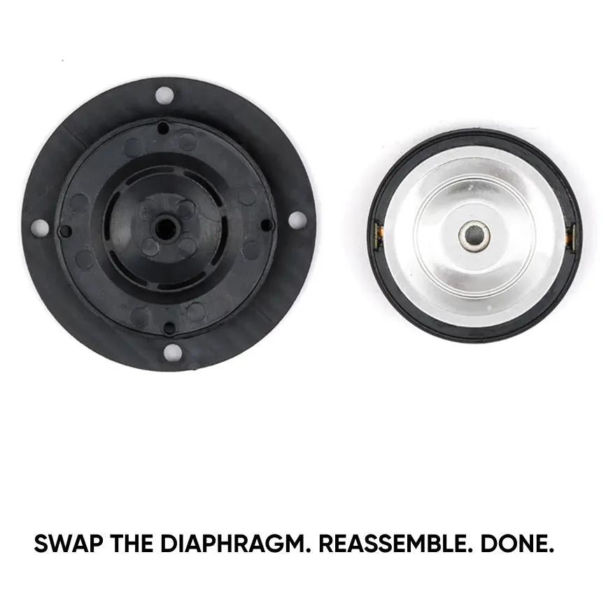 Disassembled Pride Hyper Tone tweeter showing the removable diaphragm for replacement and reassembly