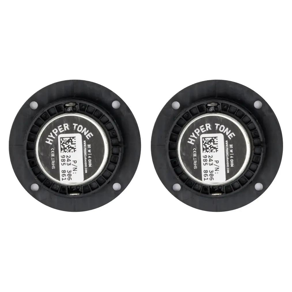 Rear view of a Pride Hyper Tone tweeter pair, showing the labels and mounting holes