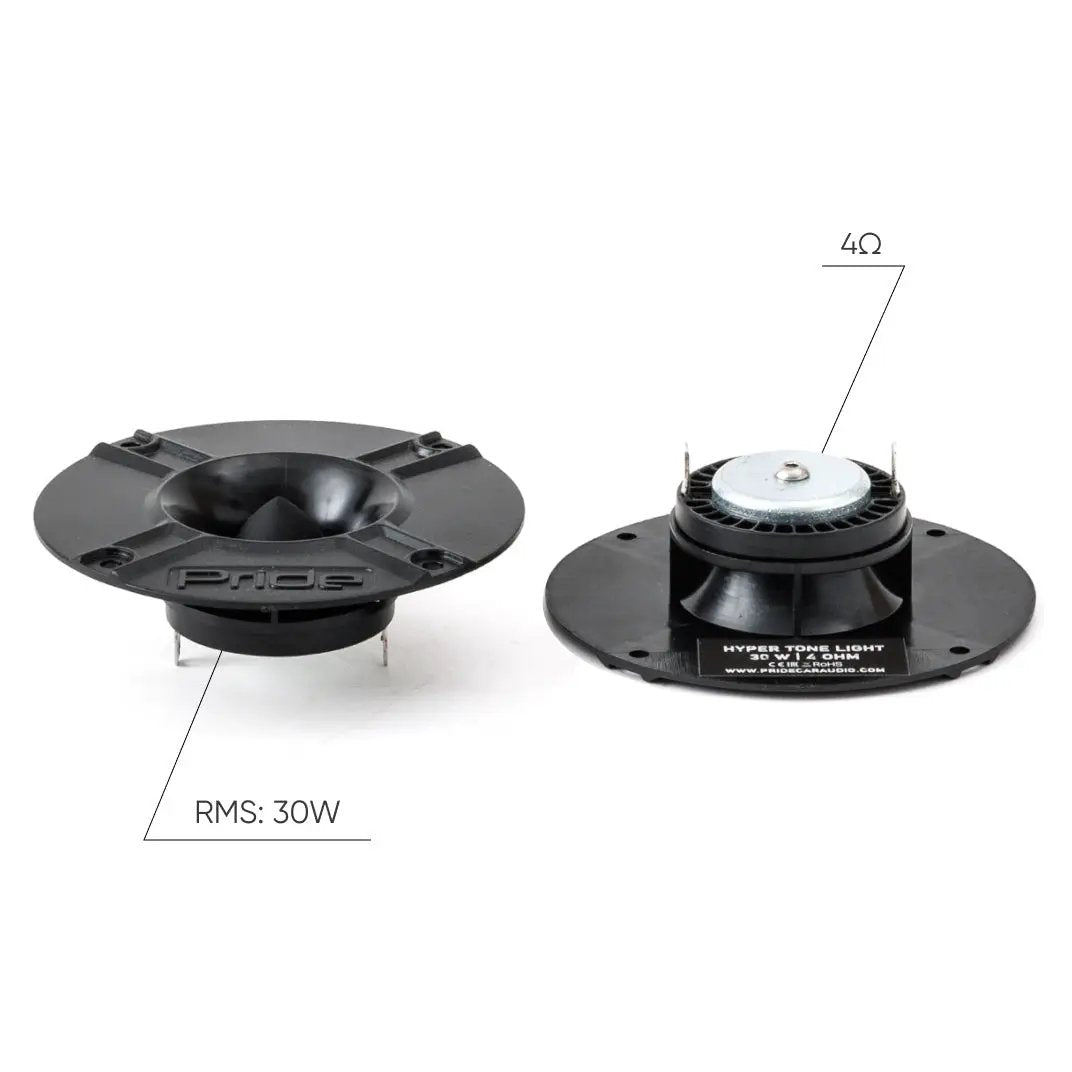 Pride Hyper Tone Light tweeters shown from front and rear with 4-ohm and 30 W RMS graphic callouts