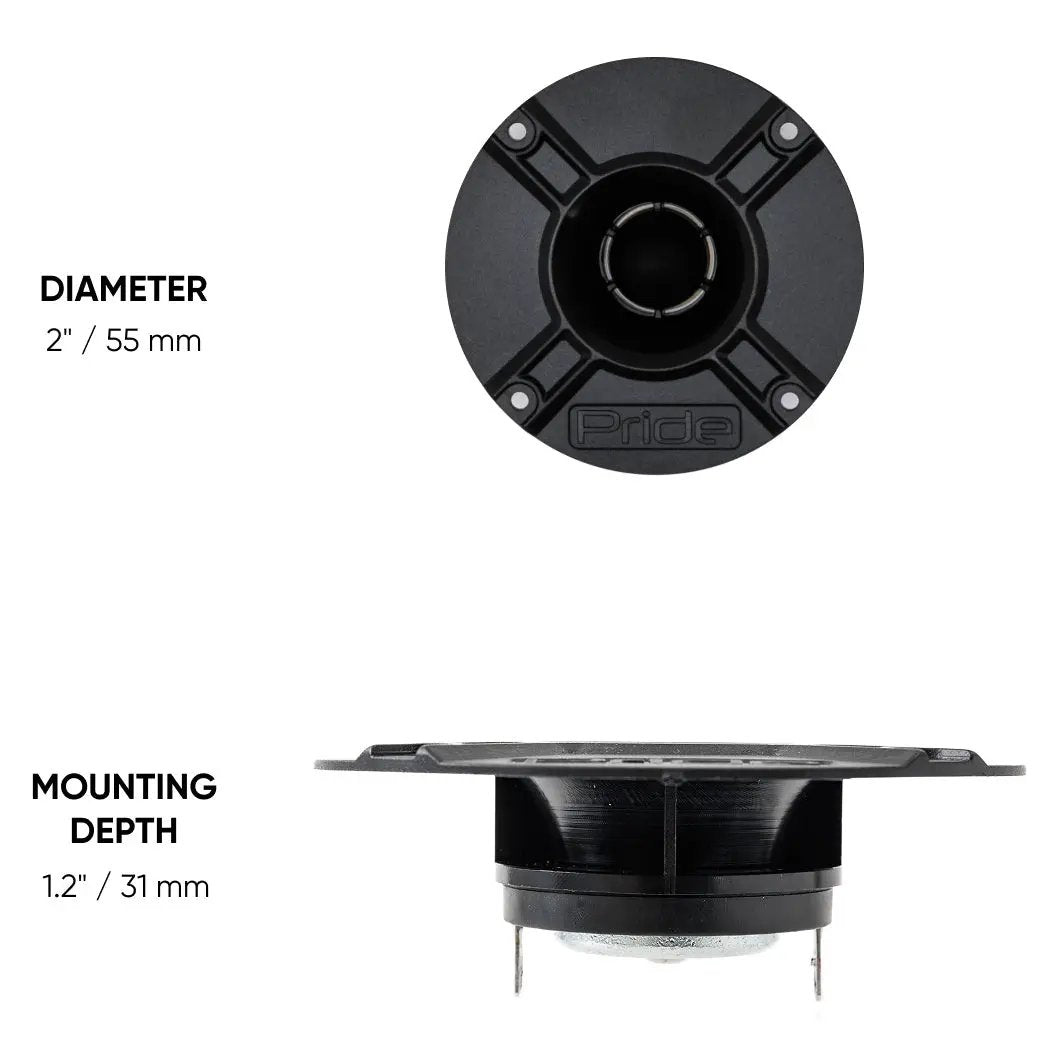 Pride Hyper Tone Light front and side views labeled 55 mm diameter and 31 mm mounting depth
