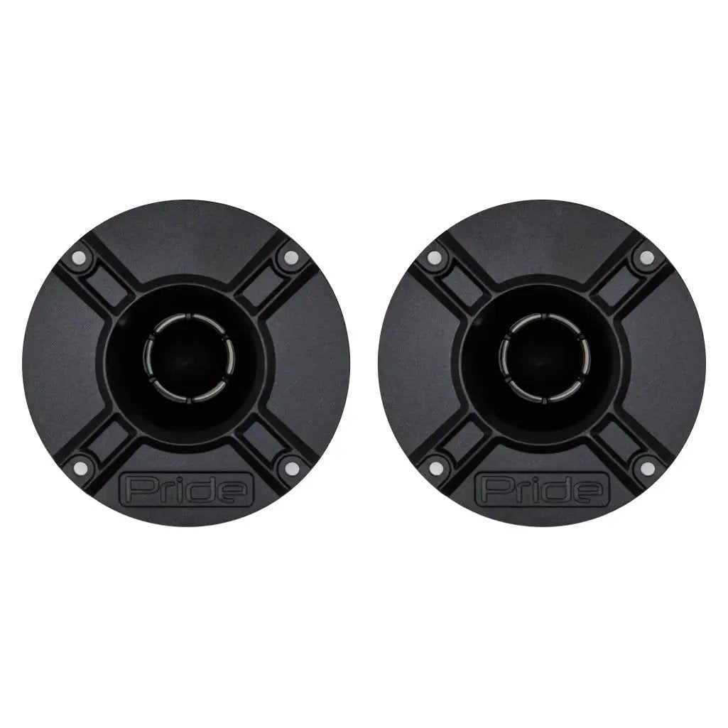 Pride horn tweeter pair, straight front views of the black flanges and central phase plugs