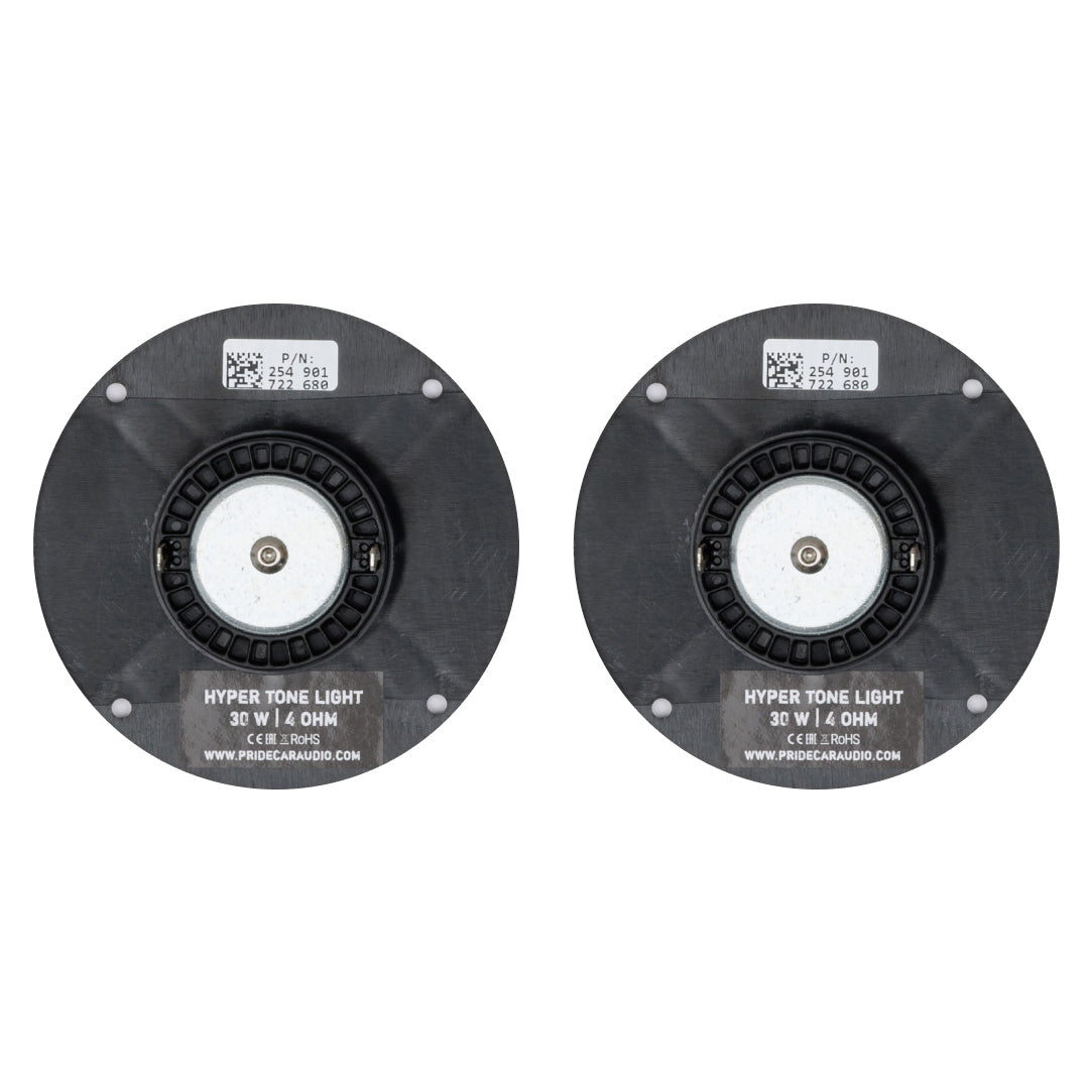 Pride Hyper Tone Light tweeter pair, straight rear views with the model labels visible