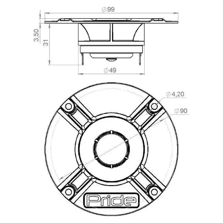 Pride Hyper Tone Light dimensional drawing with a 99 mm outer diameter and 90 mm mounting-hole circle