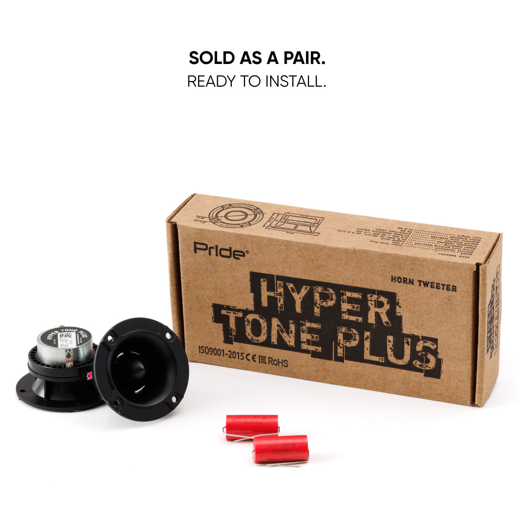Pair of Pride Hyper Tone Plus tweeters with capacitors and a product box