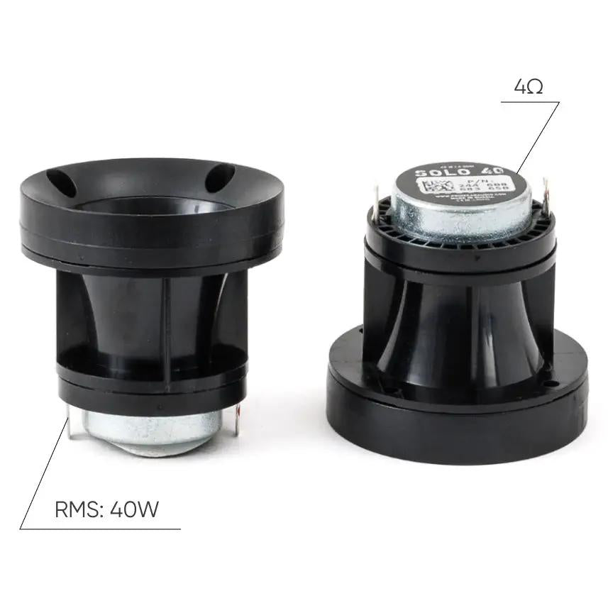 Pride Solo 40 horn tweeter graphic showing 40 W RMS and 4-ohm impedance