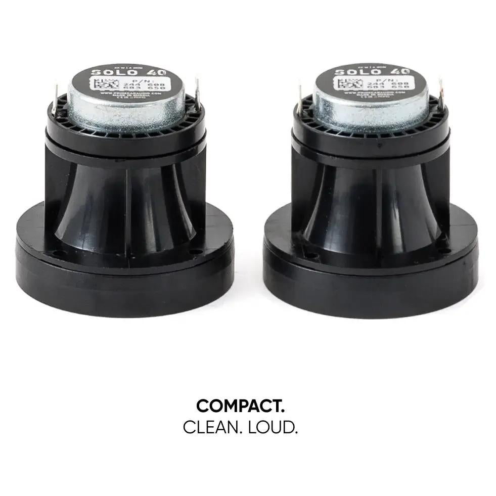 Rear angled view of two Pride Solo 40 horn tweeters with a compact-design message