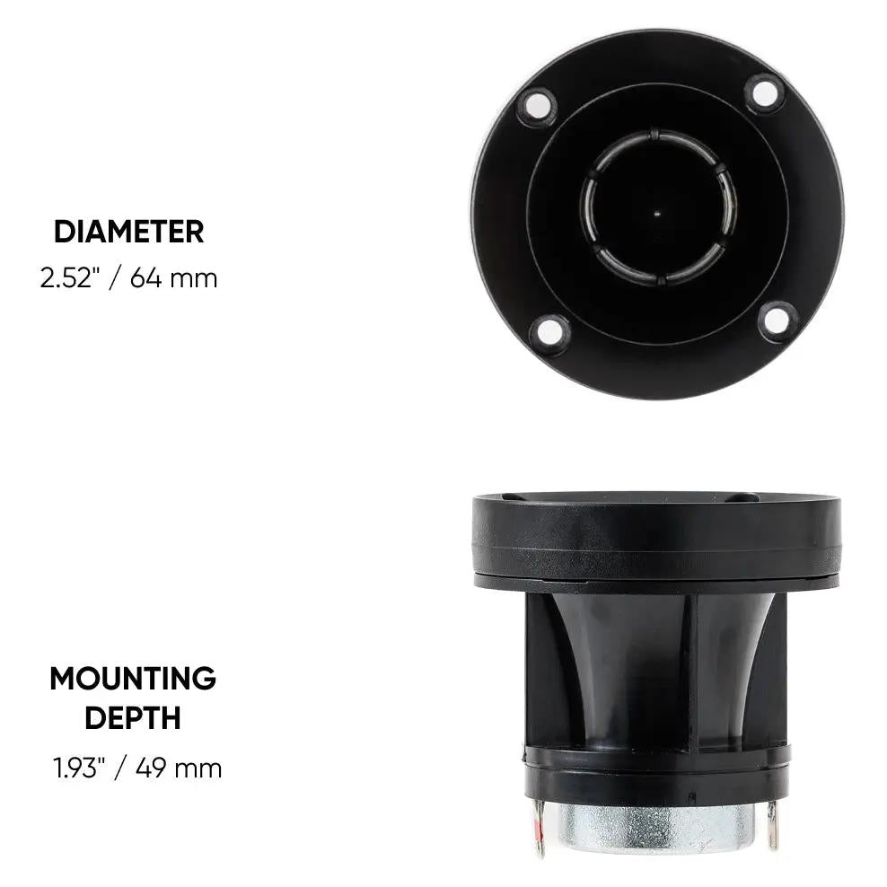 Pride Solo 40 tweeter front and side views labeled 64 mm diameter and 49 mm mounting depth