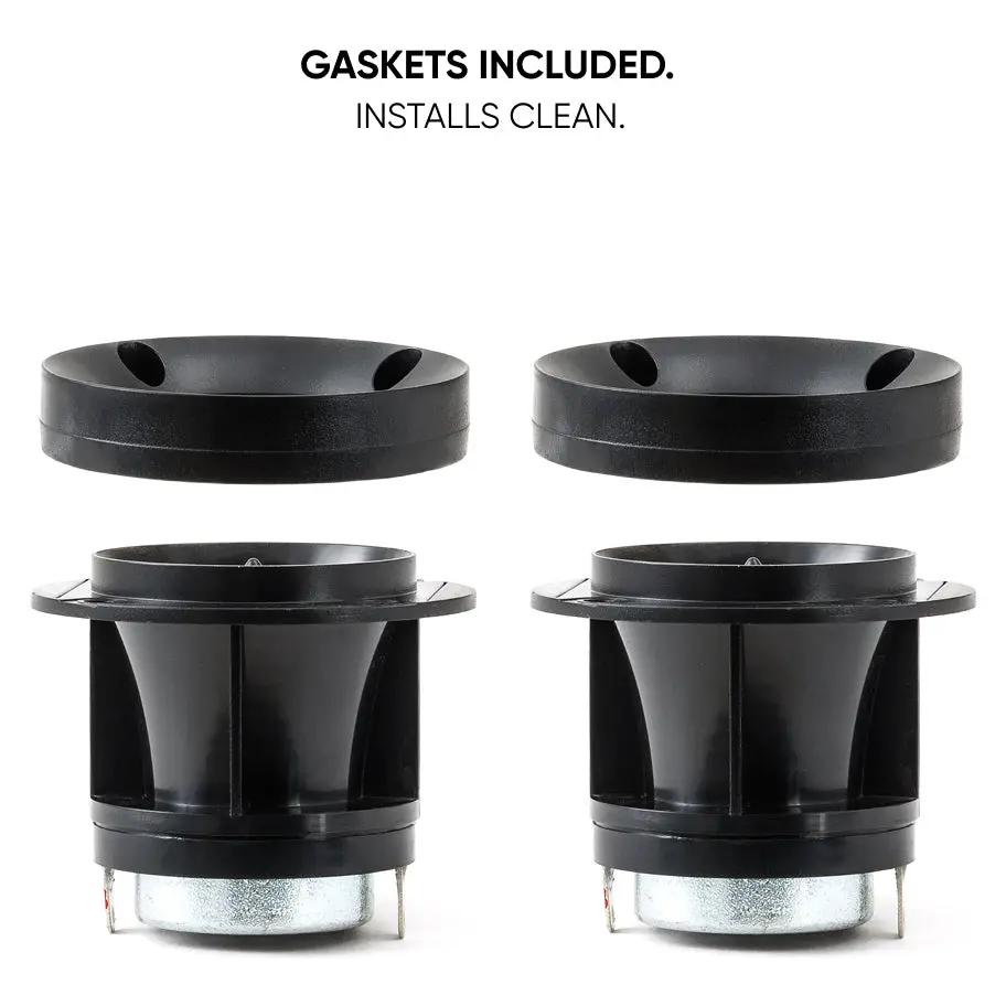 Pride Solo 40 tweeter pair with the mounting gaskets lifted above the horns, labeled gaskets included