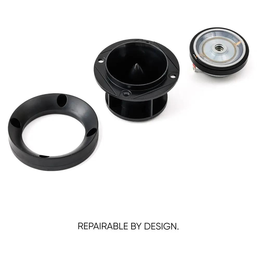Disassembled Pride Solo 40 tweeter with horn, trim ring and diaphragm separated to illustrate repairable construction