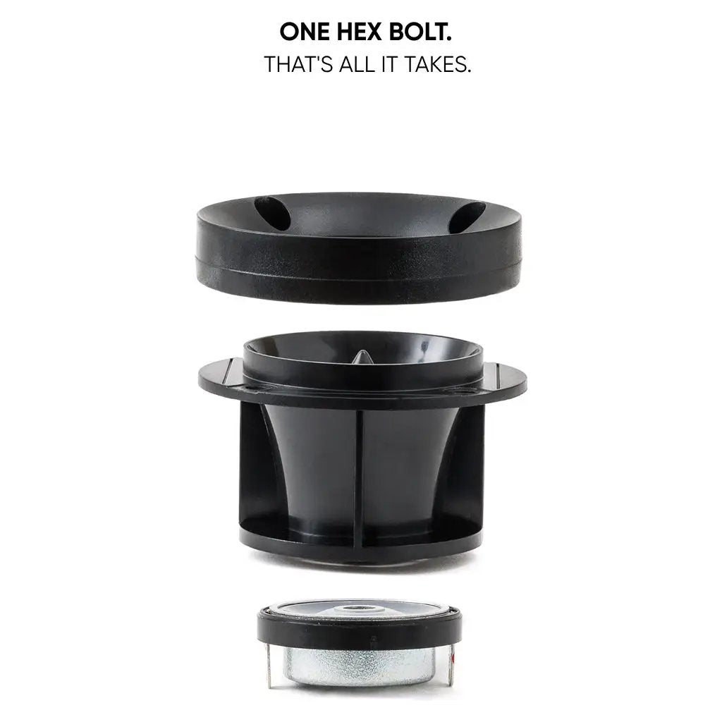 Exploded horn tweeter graphic showing its face, body and magnet separated using one hex bolt